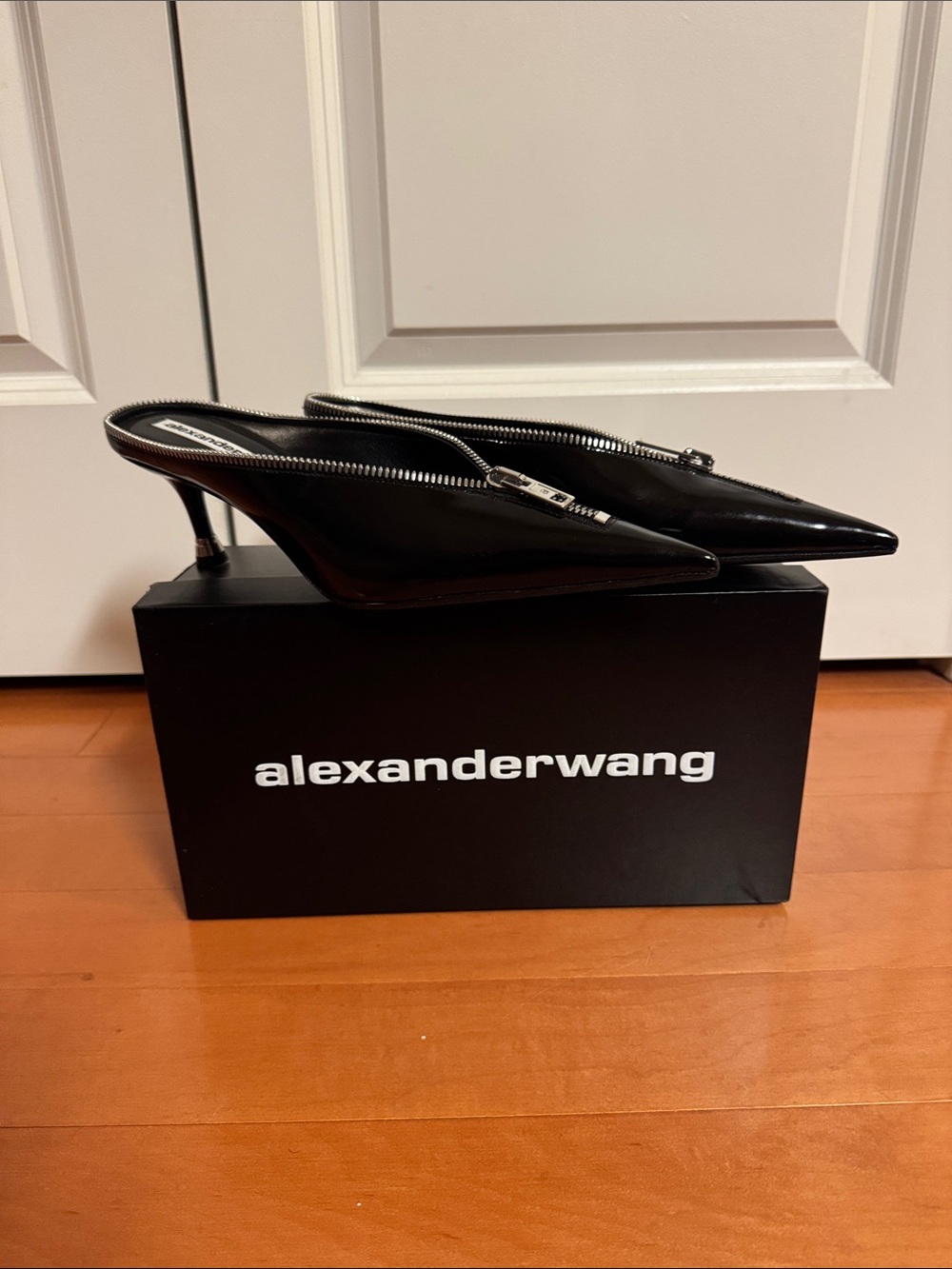 Alexander Wang Black Patent Pointed-Zip Kitten Heel Mules